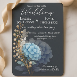Dark Grey Pearl Hydrangea Blue Watercolor Wedding Invitation