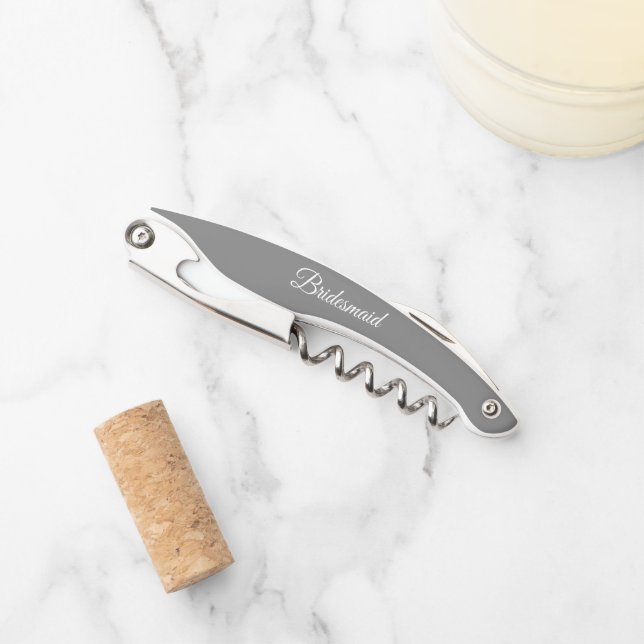 Dark Grey Personalised Wedding Bridesmaid Corkscrew (Front)