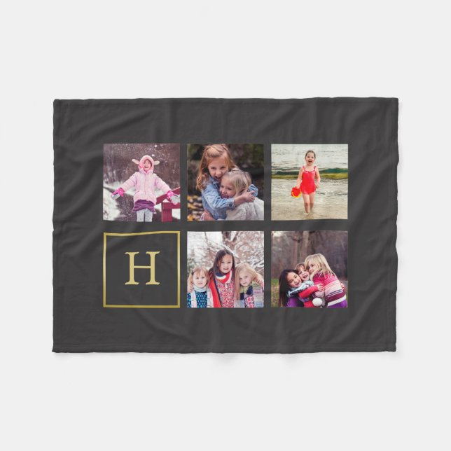 Dark Grey Photo Collage Monogram Fleece Blanket (Front (Horizontal))