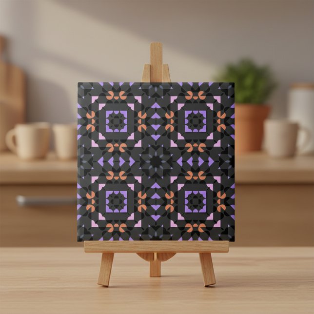 Dark Grey Pink Ethnic Folk Geometric Pattern Ceramic Tile (Creator Uploaded)