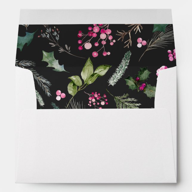Dark Grey Pink Greenery Botanical Christmas White Envelope (Back (Bottom))