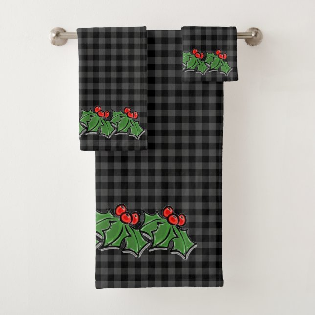 Dark Grey Plaid with Holly Sprigs Bath Towel Set (Insitu)
