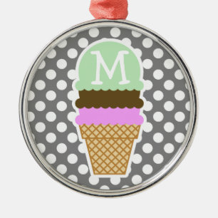 Dark Grey Polka Dots; Ice Cream Cone Metal Ornament