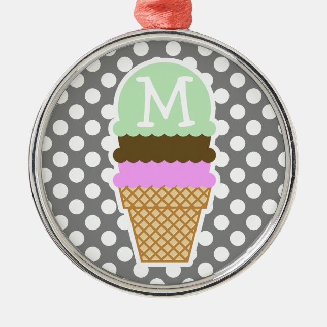 Dark Grey Polka Dots; Ice Cream Cone Metal Ornament (Front)