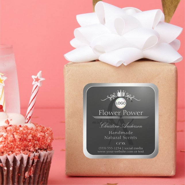 Dark Grey Product Label Silver Frame Logo Monogram (Party)