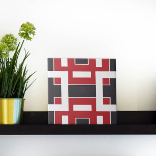 Dark Grey Red and White Abstract Mosaic Geometric Ceramic Tile
