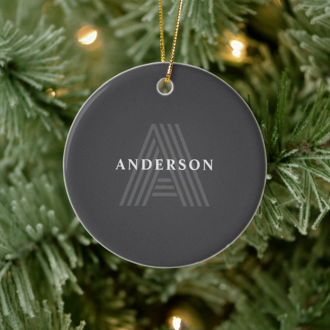 Dark Grey Retro Modern Monogrammed Name Ceramic Ornament (Tree)