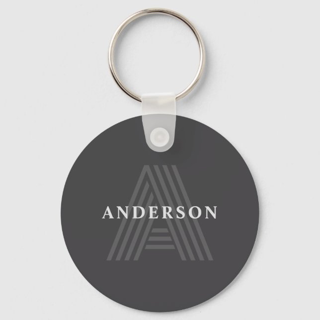 Dark Grey Retro Modern Monogrammed Name Key Ring (Front)