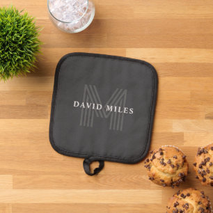Dark Grey Retro Modern Monogrammed Name Pot Holder