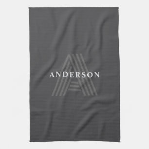 Dark Grey Retro Modern Monogrammed Name Tea Towel