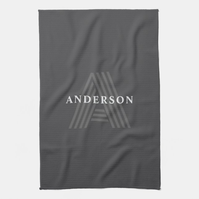 Dark Grey Retro Modern Monogrammed Name Tea Towel (Vertical)
