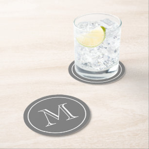Dark Grey Solid Colour Custom Monogram Round Paper Coaster