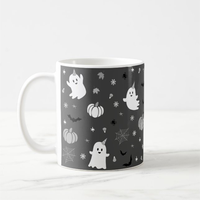 Dark Grey Spooky Ghost Halloween Coffee Mug (Left)
