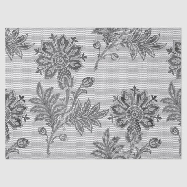 Dark Grey Stencil Flowers on White Decoupage Tissue Paper (Front)
