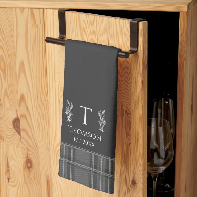 Dark Grey Tartan Custom Monogram Charcoal Grey Tea Towel (Thirds Fold)