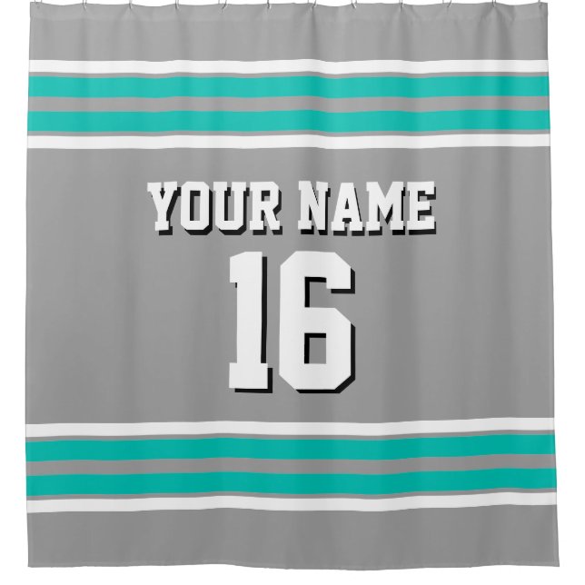 Dark Grey Teal White Stripes Sports Jersey Shower Curtain (Front)