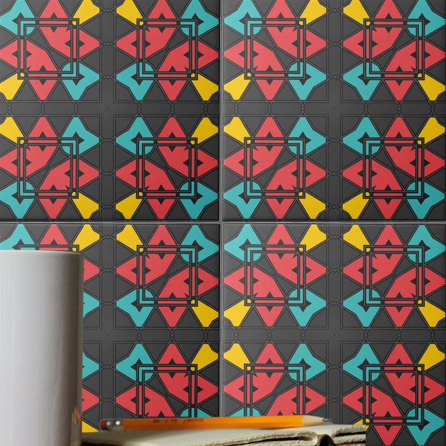 Dark Grey Turquoise Red Yellow Abstract Geometric Ceramic Tile (Creator Uploaded)