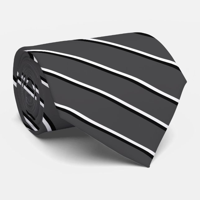 Dark Grey, White and Black Diagonal Stripes Tie (Rolled)