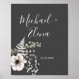 Dark Grey & White Floral Wedding Couple Poster