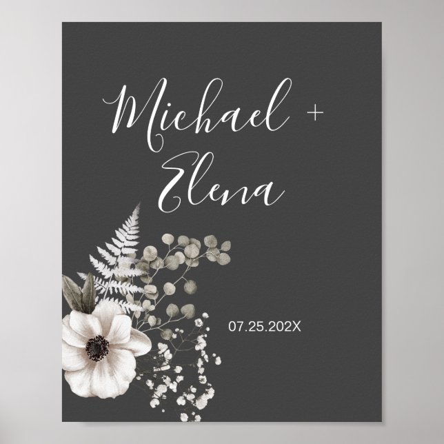 Dark Grey & White Floral Wedding Couple Poster (Front)