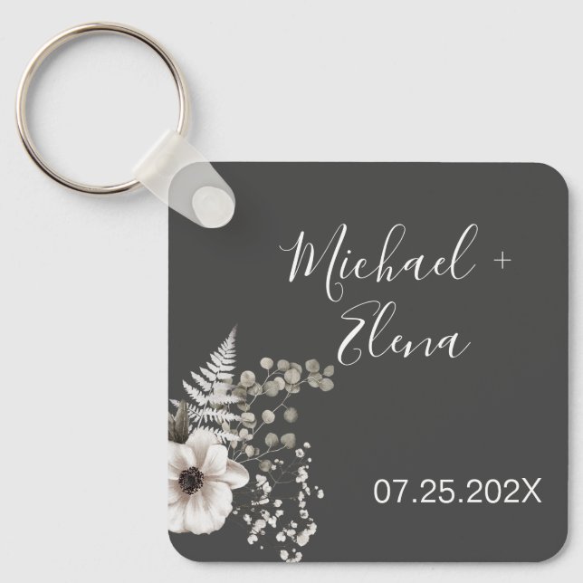 Dark Grey & White Floral Wedding  Key Ring (Front)