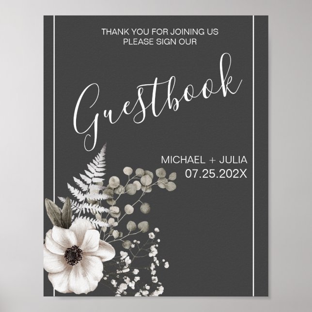 Dark Grey & White Floral Wedding Sign (Front)