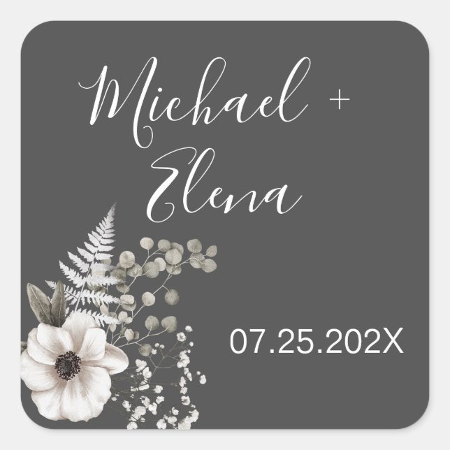 Dark Grey & White Floral Wedding  Square Sticker (Front)