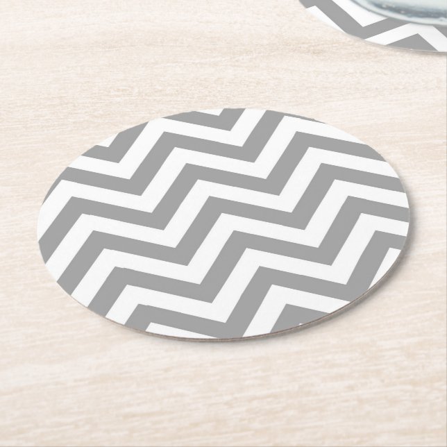 Dark Grey White Large Chevron ZigZag Pattern Round Paper Coaster (Angled)
