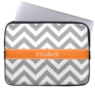 Dark Grey White LG Chevron Pumpkin Name Monogram Laptop Sleeve