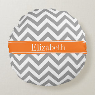 Dark Grey White LG Chevron Pumpkin Name Monogram Round Cushion