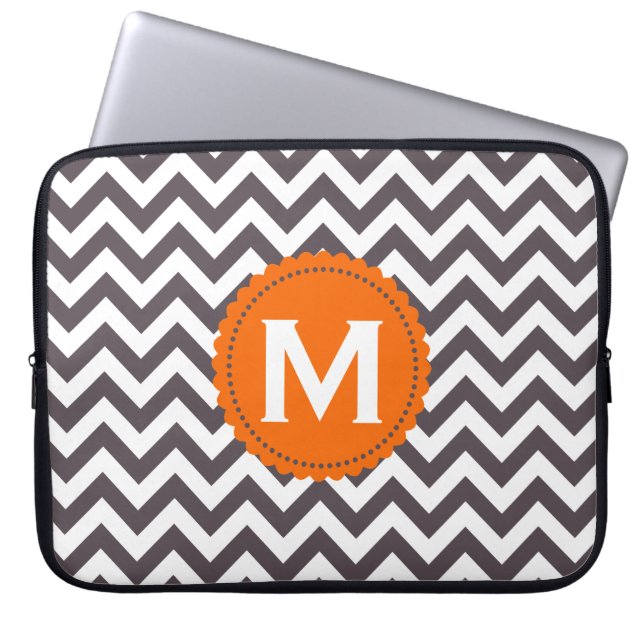 Dark Grey White Monogram Chevron Pattern Laptop Sleeve (Front)