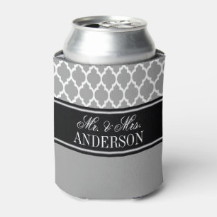 Dark Grey White Moroccan #4 CB Black Name Wedding Can Cooler