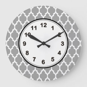 Dark Grey White Moroccan Quatrefoil Pattern #4 Large Clock