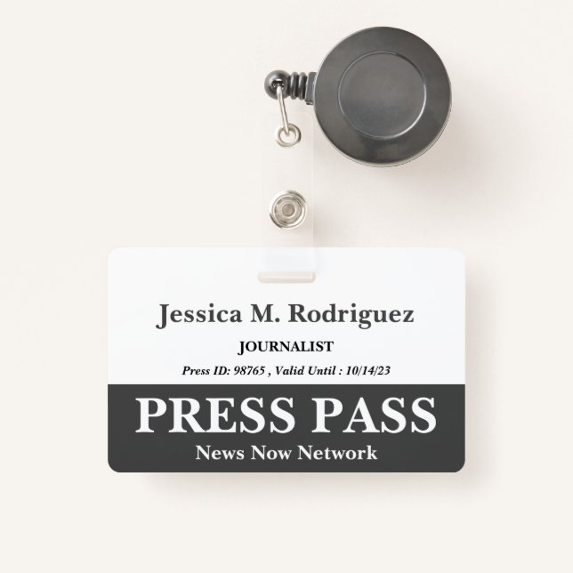 Dark Grey & White Press Pass Badge ID Badge (Front with Retractable)