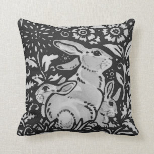 Dark Grey White Rabbit Mother & Babies Chinoiserie Cushion