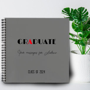 Dark grey white red script graduation name notebook