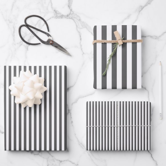 Dark Grey & White Stripes Wrapping Paper Sheet (Front)