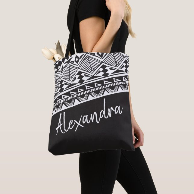 Dark Grey White Tribal Pattern Personalised Tote Bag (Close Up)