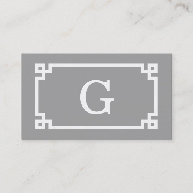Dark Grey Wht Greek Key Frame #2 Initial Monogram Business Card (Front)