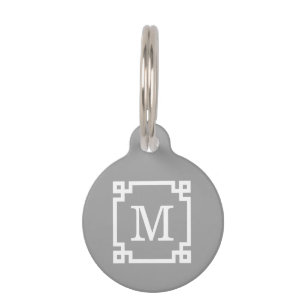 Dark Grey Wht Greek Key Frame #2 Initial Monogram Pet Tag