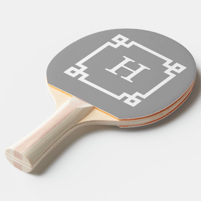 Dark Grey Wht Greek Key Frame #2 Initial Monogram Ping Pong Paddle (Front Angle)