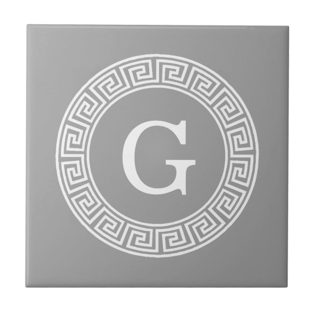 Dark Grey Wht Greek Key Rnd Frame Initial Monogram Ceramic Tile (Front)
