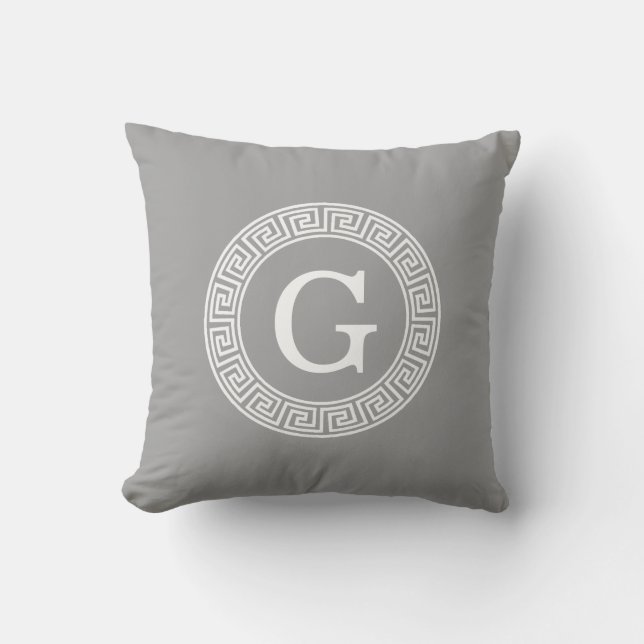 Dark Grey Wht Greek Key Rnd Frame Initial Monogram Cushion (Front)