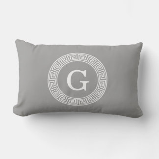 Dark Grey Wht Greek Key Rnd Frame Initial Monogram Lumbar Cushion