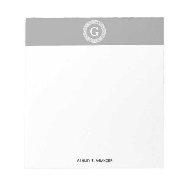 Dark Grey Wht Greek Key Rnd Frame Initial Monogram Notepad (Front)
