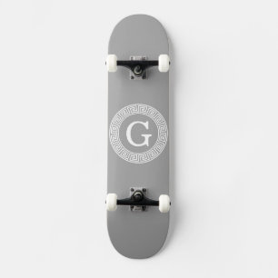 Dark Grey Wht Greek Key Rnd Frame Initial Monogram Skateboard