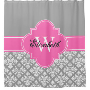 Dark Grey Wht LG Damask #3 CB1IR Hot Pink Monogram Shower Curtain