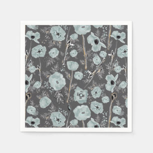 Dark Grey With Blue Watercolor Floral Napkin