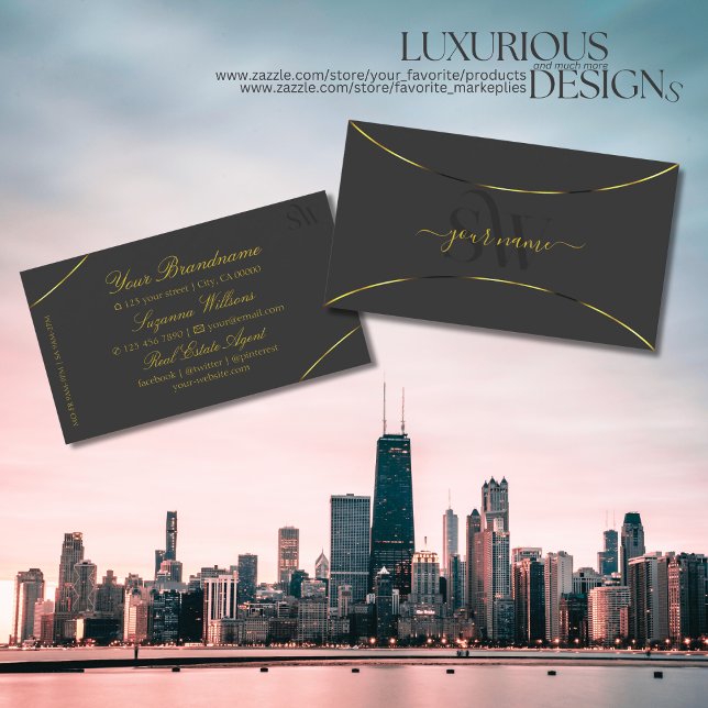 Dark Grey with Gold Decor and Monogram Luxurious Business Card (Creator Uploaded)