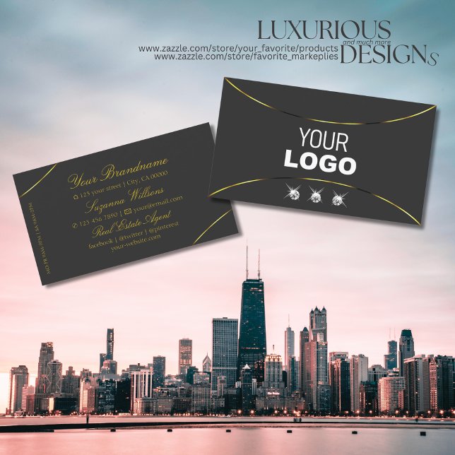 Dark Grey with Gold Decor Diamonds and Logo Modern Business Card (Creator Uploaded)